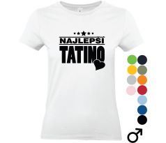 Biele tričko s čiernou potlačou, text „Najlepší tatino“ doplnený hviezdami a srdcom