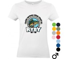 Biele tričko s nápisom „Každý správny chlap chodí na ryby“ a grafikou dravca, ideálne pre milovníkov rybolovu.