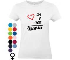 Biele dámske tričko s nápisom „24/7 +365 Mama“ a červeným srdcom – darček z lásky pre mamu