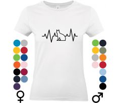Biele tričko s čiernou grafikou mačky v EKG línii – moderný dizajn pre milovníkov mačiek a minimalistického štýlu