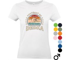 Biele tričko s nápisom „Povýšený na dedka“ a retro grafikou päsťového pozdravu medzi dedkom a vnúčaťom, obklopené hviezdami.
