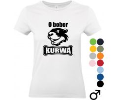 Biele tričko s čiernobielou potlačou usmievavého bobra a nápisom „O bobor KURWA“, ideálne pre fanúšikov humoru a originálnych darčekov.