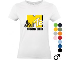 Biele tričko s cyklistickým motívom MTB Mountain Biking, žltým dizajnom a siluetou cyklistu – ideálne oblečenie pre fanúšikov horskej cyklistiky.