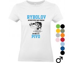 Biele tričko s vtipnou potlačou ryby, ktorá chytá fľašu piva, a textom „Rybolov nevyrieši všetky moje problémy, od toho je tu pivo“ – ideálne pre milovníkov rybolovu a dobrého humoru.