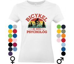 Biele unisex tričko s retro motívom bicykla a nápisom „Bicykel je môj psychológ“ – tričko pre cyklistov a milovníkov zdravého životného štýlu.