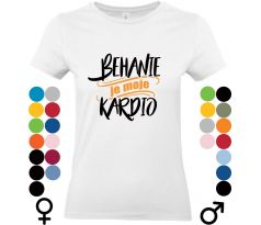 Biele unisex tričko s čiernym a oranžovým nápisom „Behanie je moje kardio“ – športové tričko pre bežcov a fitness nadšencov.