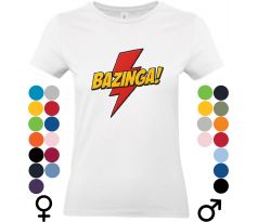 Biele tričko s červeným bleskom a žltým nápisom „Bazinga!“ – ideálne pre fanúšikov inteligentného humoru