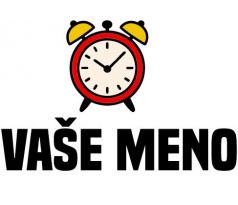 Personalizovaná nažehlovačka s červeným budíkom a textom „VAŠE MENO“ – detský štítok