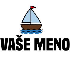 Nažehlovačka s hnedou loďkou, modrými vlnkami a textom „VAŠE MENO“ – personalizovaný detský štítok