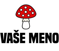 Nažehlovačka s červenou muchotrávkou a textom „VAŠE MENO“ – personalizovaný detský štítok s rozprávkovým motívom