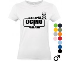 Biele tričko s čiernou potlačou a nápisom „Najlepší ocino v galaxii“, doplnené kreslenou postavičkou s vesmírnou tematikou.