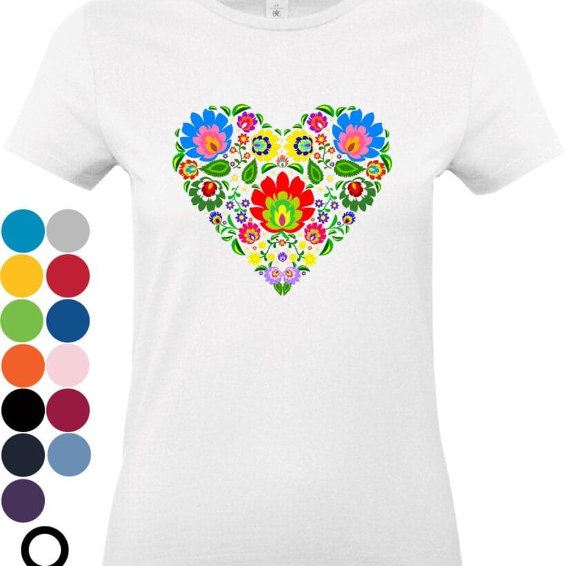 folklórne tričko s farebným srdcom z kvetov