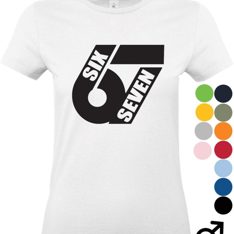 Uvoľnené postojové tričko s číslom 67 v čiernom minimalistickom dizajne na bielom tričku