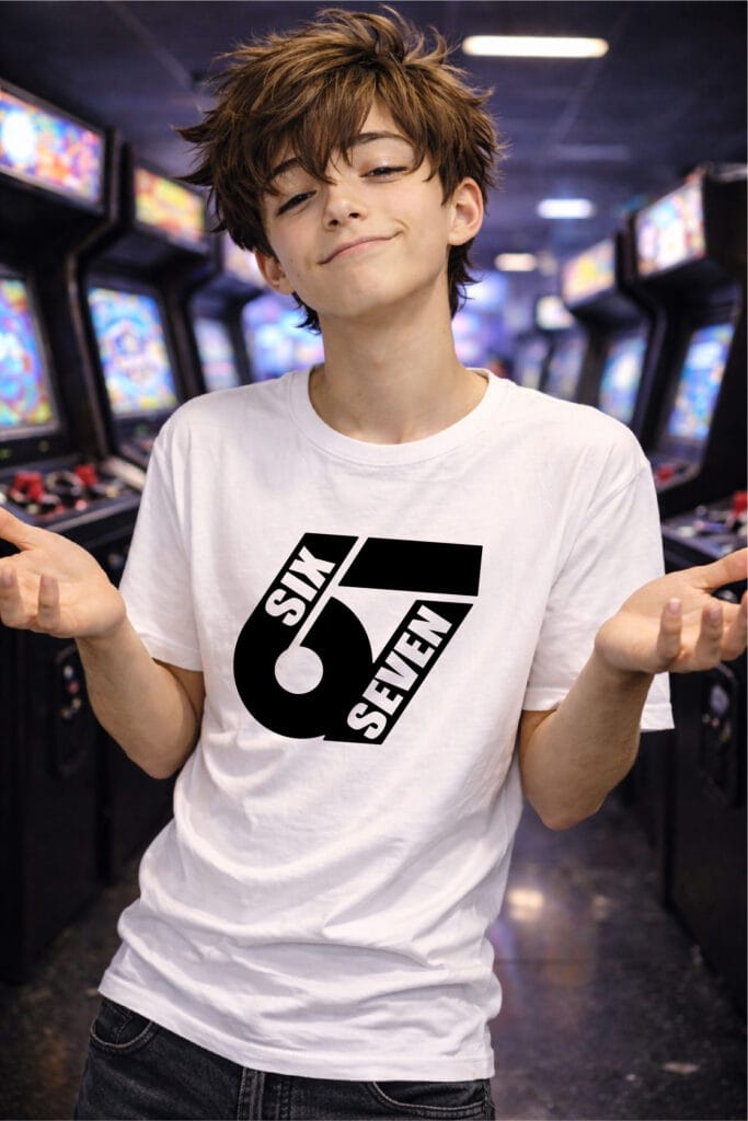 Mladý teenager v hernom arcade prostredí s uvoľneným výrazom nosí biele tričko s veľkým nápisom SIX SEVEN Číslo 67 význam